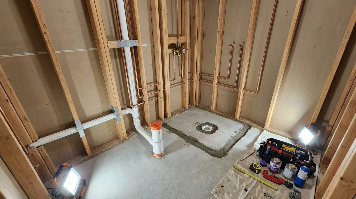Bathroom rough-in plumbing during remodel by Johns Plumbing LLC in Milton