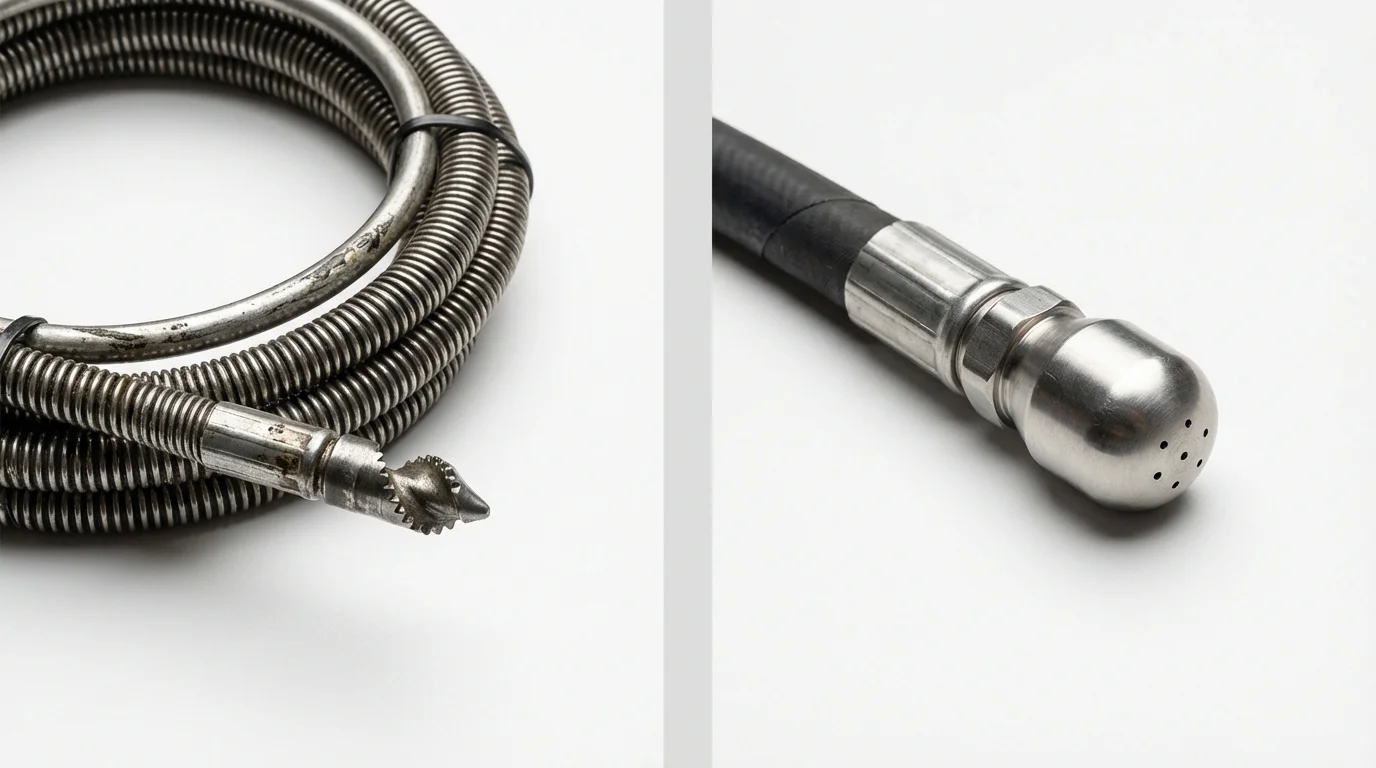Drain snake cable and hydro jetting nozzle used for drain cleaning in Milton, MA