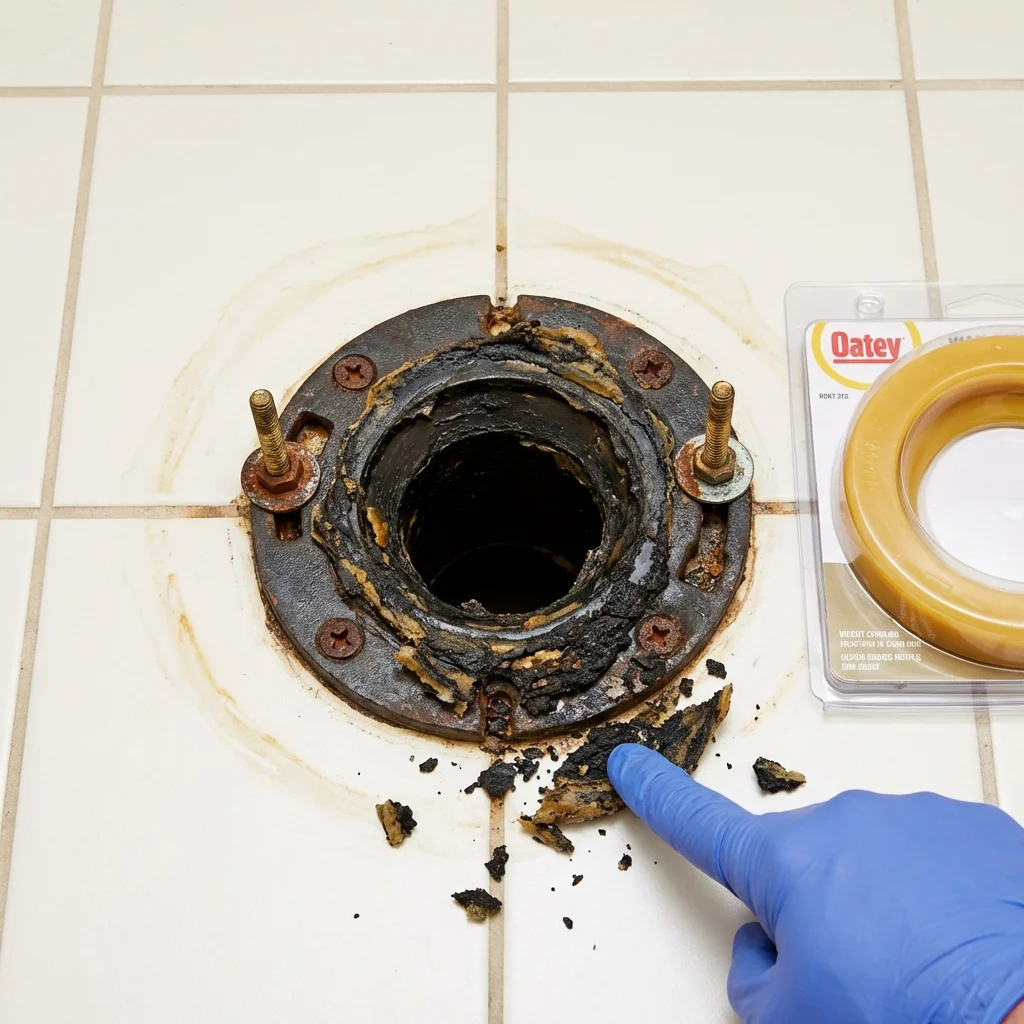 Failed wax ring showing water seepage at the base of a toilet in a Milton, MA home